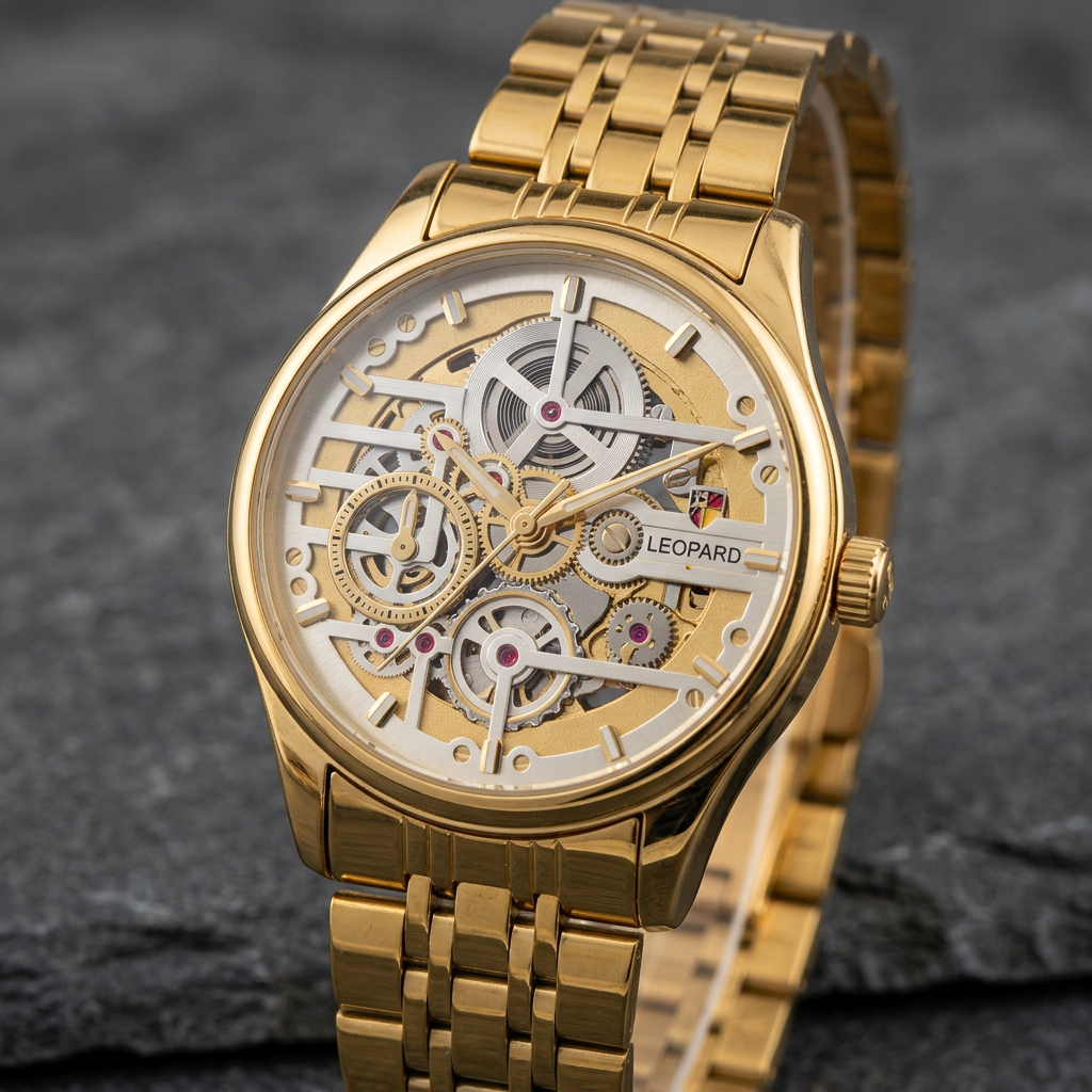 Gold-tone skeleton watch detail image