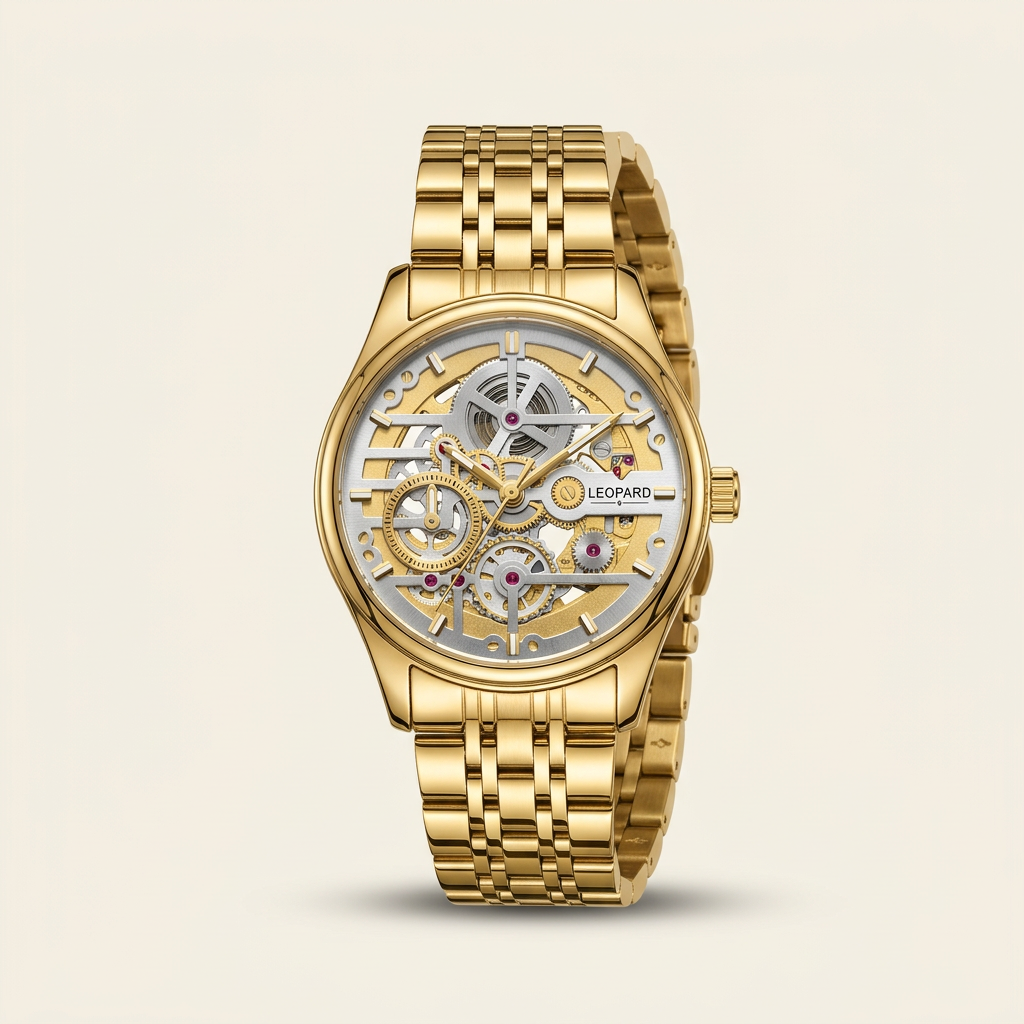 Gold-tone skeleton watch studio image