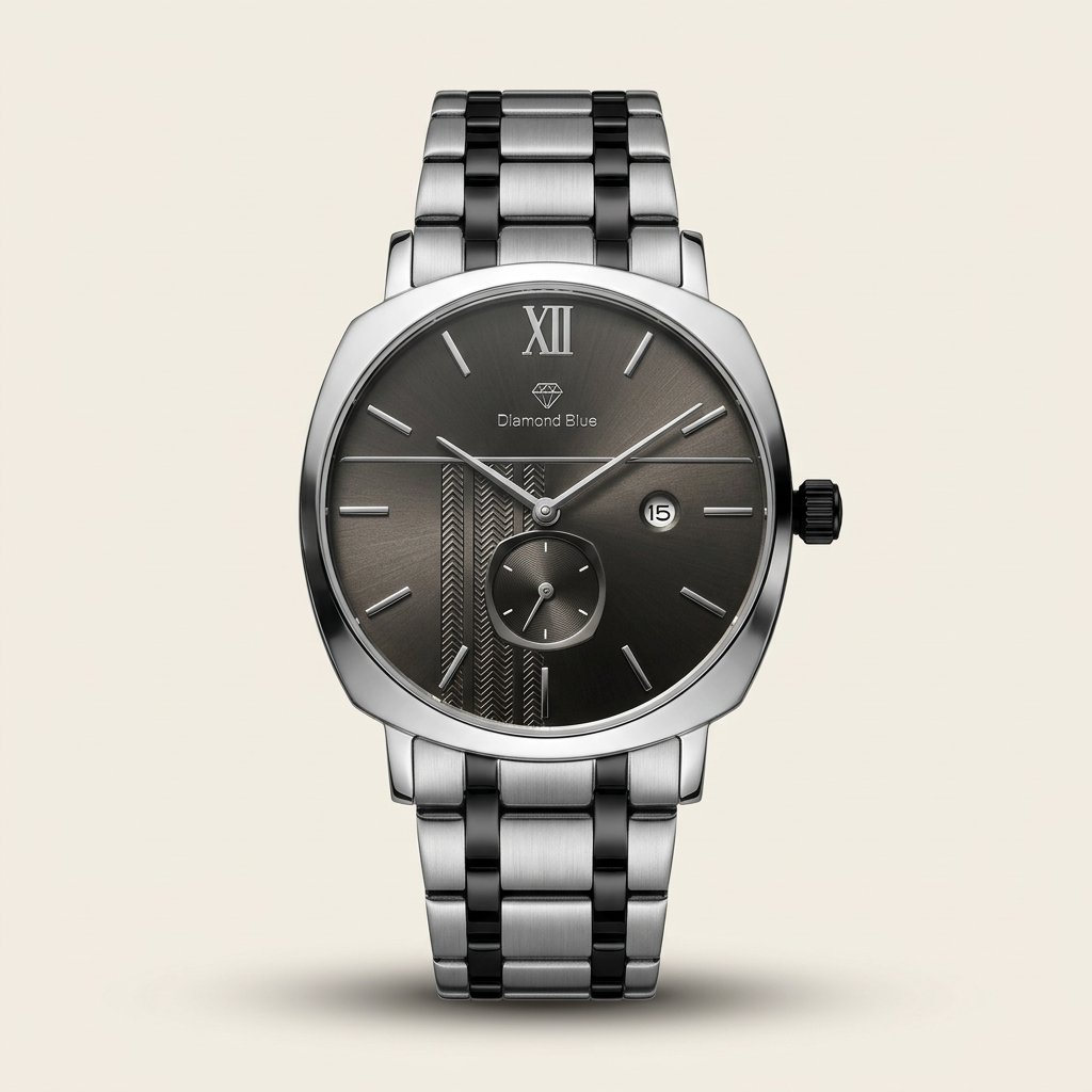 Silver & Black-Tone Textured Dial Men’s Watch