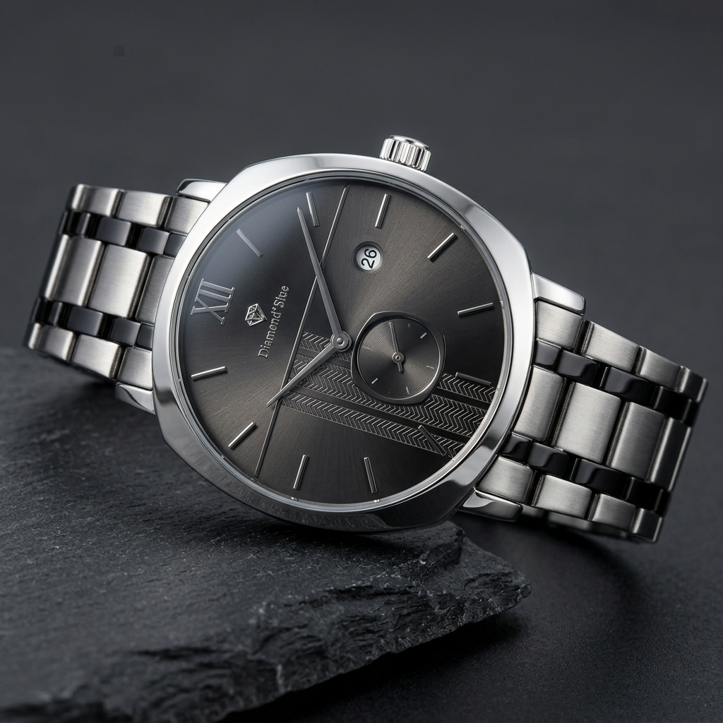 Silver & Black-Tone Textured Dial Men’s Watch